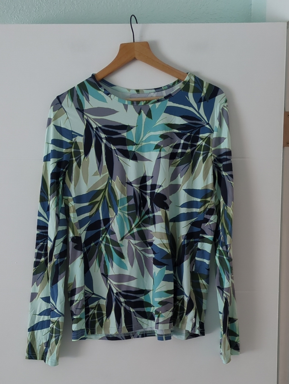 Hang Ten UV Protection Long-Sleeve Tropical Leaf Print Top Teal Navy Vacation XL